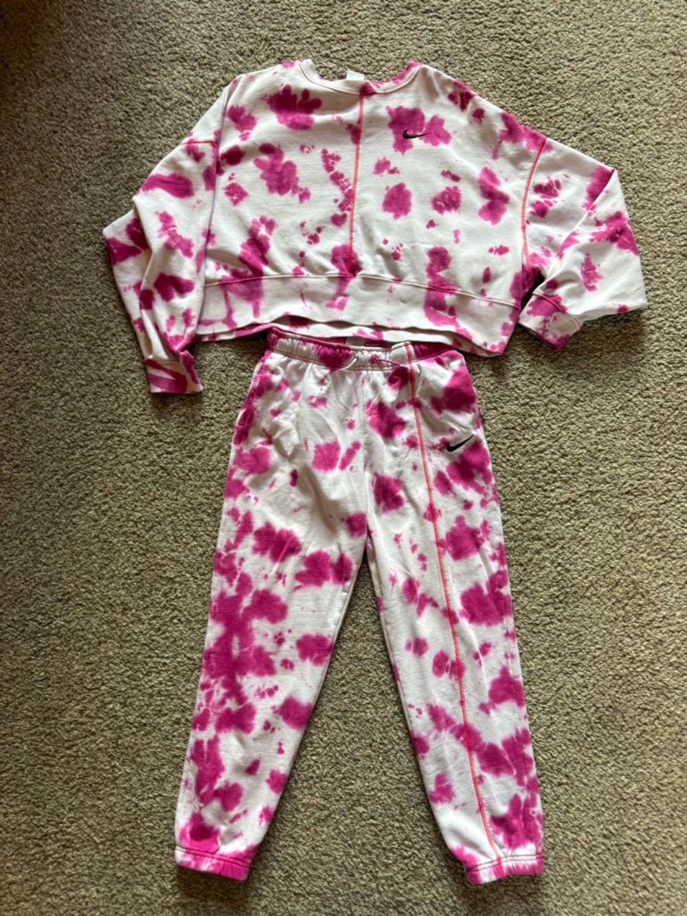 Nike White and Hot Pink Tie-Dye Set - Cropped Top & Joggers